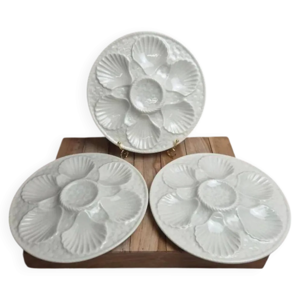 Lot de 3 assiettes à huîtres / coquillages Chantilly France – blanc craquelé