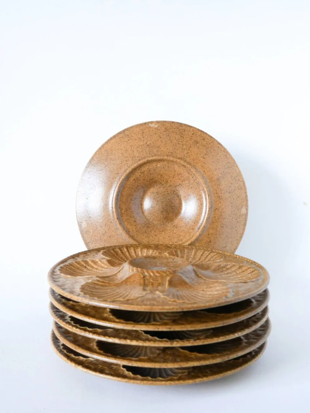 Lot de 6 assiettes à huîtres en grès, Beige & Brun, 1970