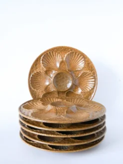 Lot de 6 assiettes à huîtres en grès, Beige & Brun, 1970