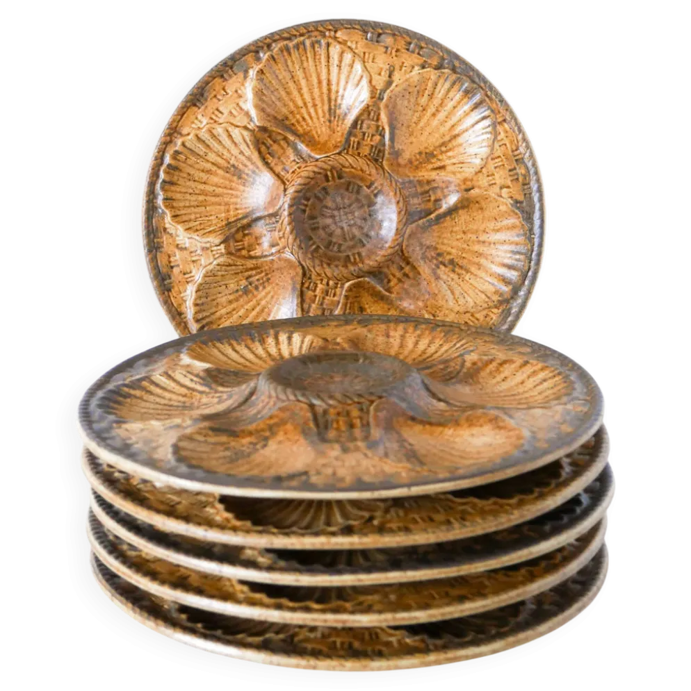 Lot de 6 assiettes à huîtres en grès, Marron & Brun, 1970