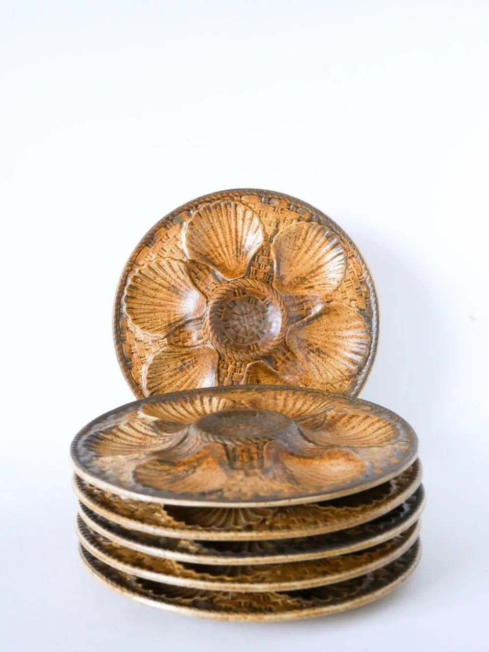 Lot de 6 assiettes à huîtres en grès, Marron & Brun, 1970