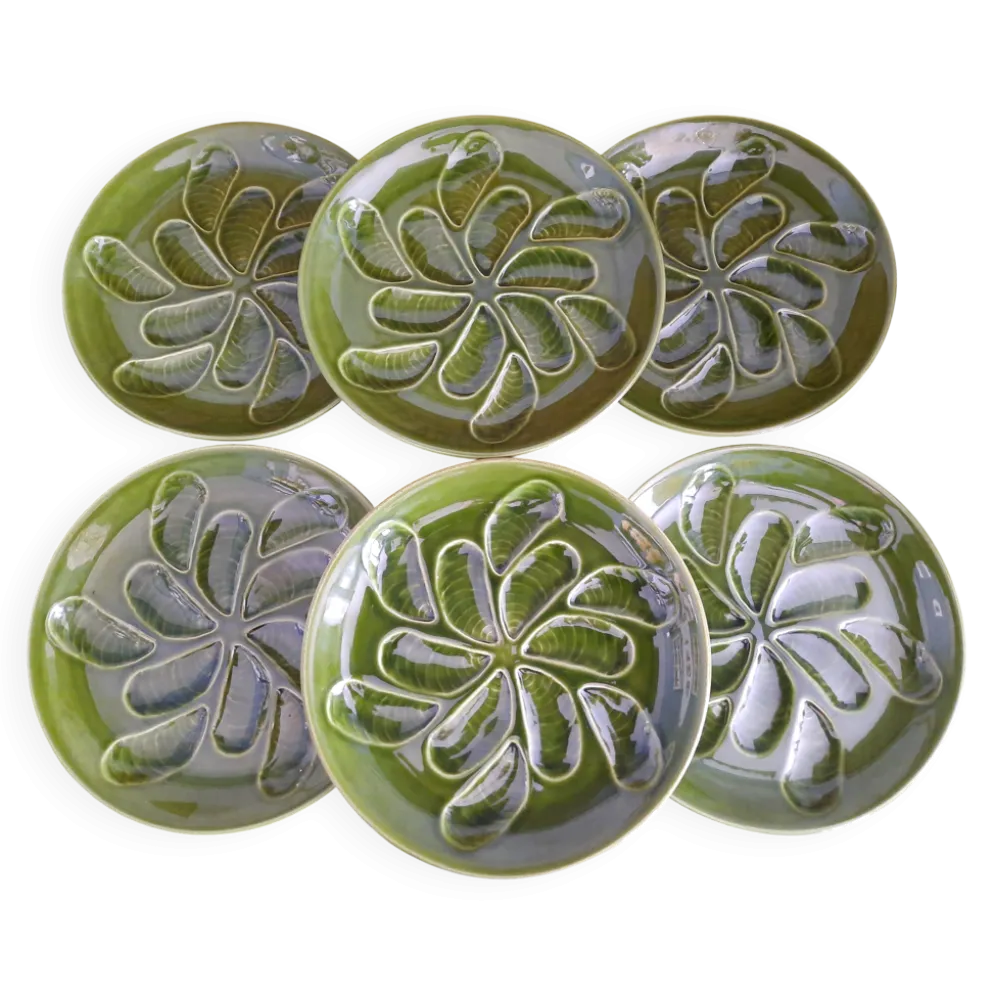 Lot de 6 assiettes à huîtres vertes 25 cm – C.E.S France – Très bon état