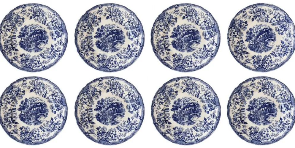 Lot de 8 assiettes Ironstone Tableware CBM bleu & white 1987 décor cottage