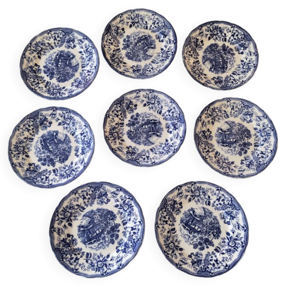Lot de 8 assiettes Ironstone Tableware CBM bleu & white 1987 décor cottage