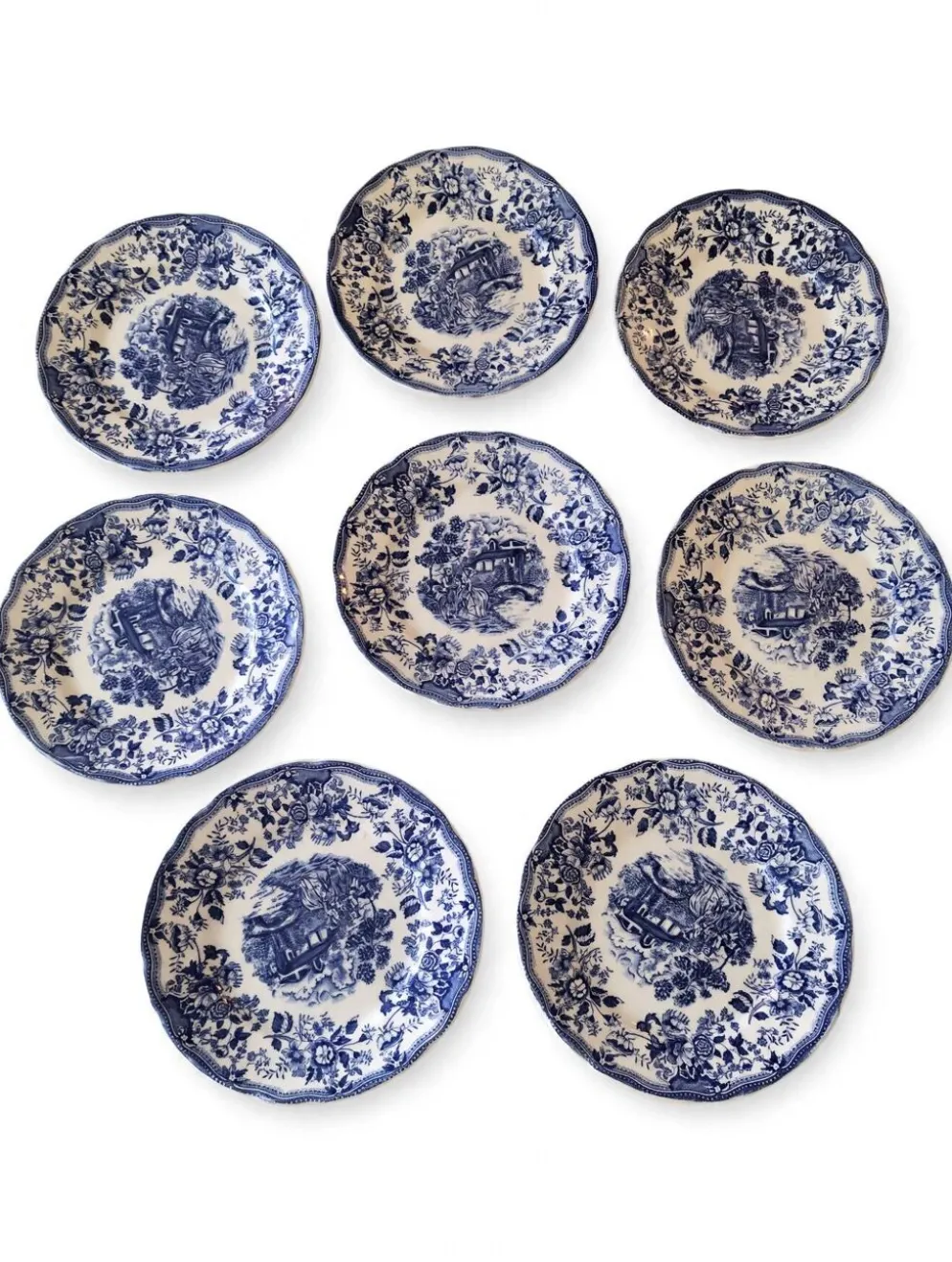Lot de 8 assiettes Ironstone Tableware CBM bleu & white 1987 décor cottage