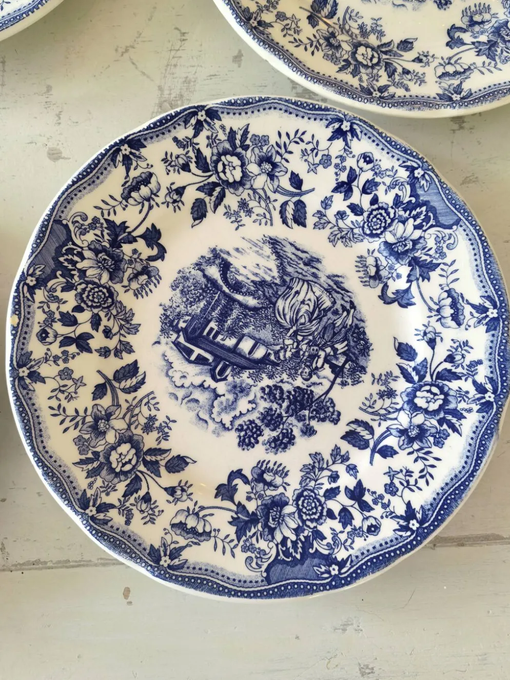 Lot de 8 assiettes Ironstone Tableware CBM bleu & white 1987 décor cottage