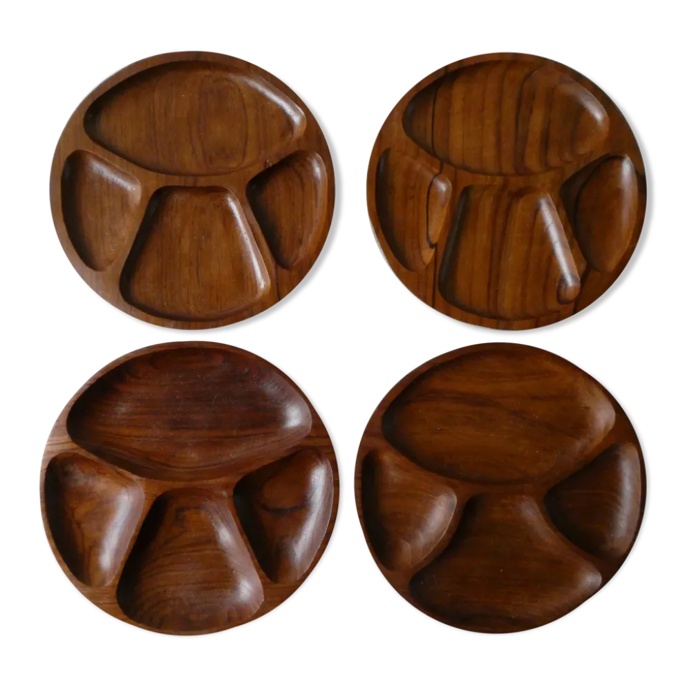 Lot de 4 assiettes ou plats de service en teck, années 70-80