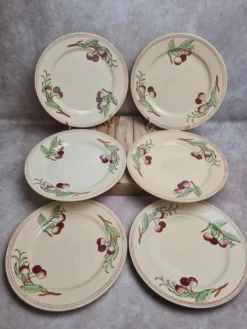 Lot de 6 assiettes plates Boch La Louvière Belgique modèle 2460 décor cerises polychrome