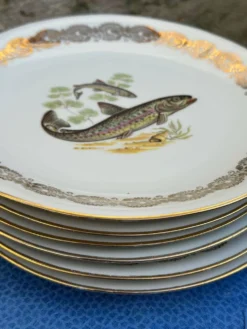 Lot de 6 assiettes à poisson vintage en porcelaine de France à bordure dent