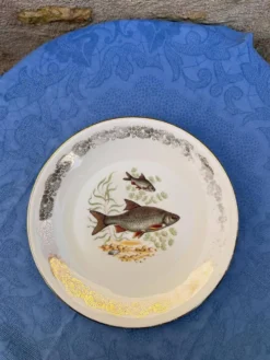 Lot de 6 assiettes à poisson vintage en porcelaine de France à bordure dent