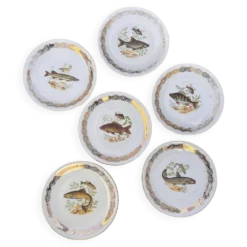 Lot de 6 assiettes à poisson vintage en porcelaine de France à bordure dent