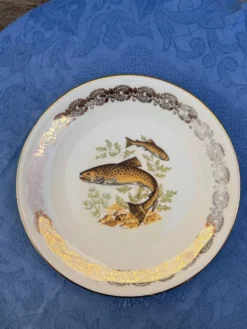 Lot de 6 assiettes à poisson vintage en porcelaine de France à bordure dent