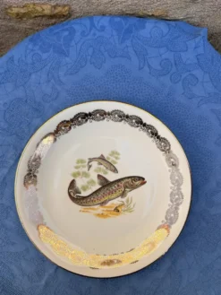 Lot de 6 assiettes à poisson vintage en porcelaine de France à bordure dent