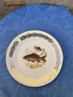 Lot de 6 assiettes à poisson vintage en porcelaine de France à bordure dent