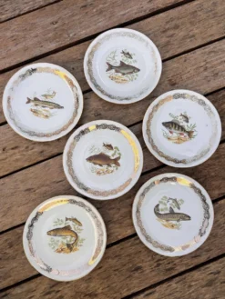 Lot de 6 assiettes à poisson vintage en porcelaine de France à bordure dent