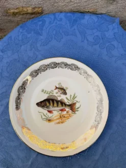 Lot de 6 assiettes à poisson vintage en porcelaine de France à bordure dent