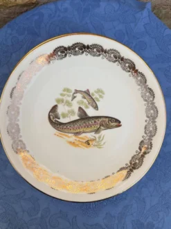 Lot de 6 assiettes à poisson vintage en porcelaine de France à bordure dent