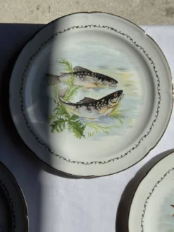 Lot de 6 assiettes vintage en porcelaine de Limoges à décor de poissons