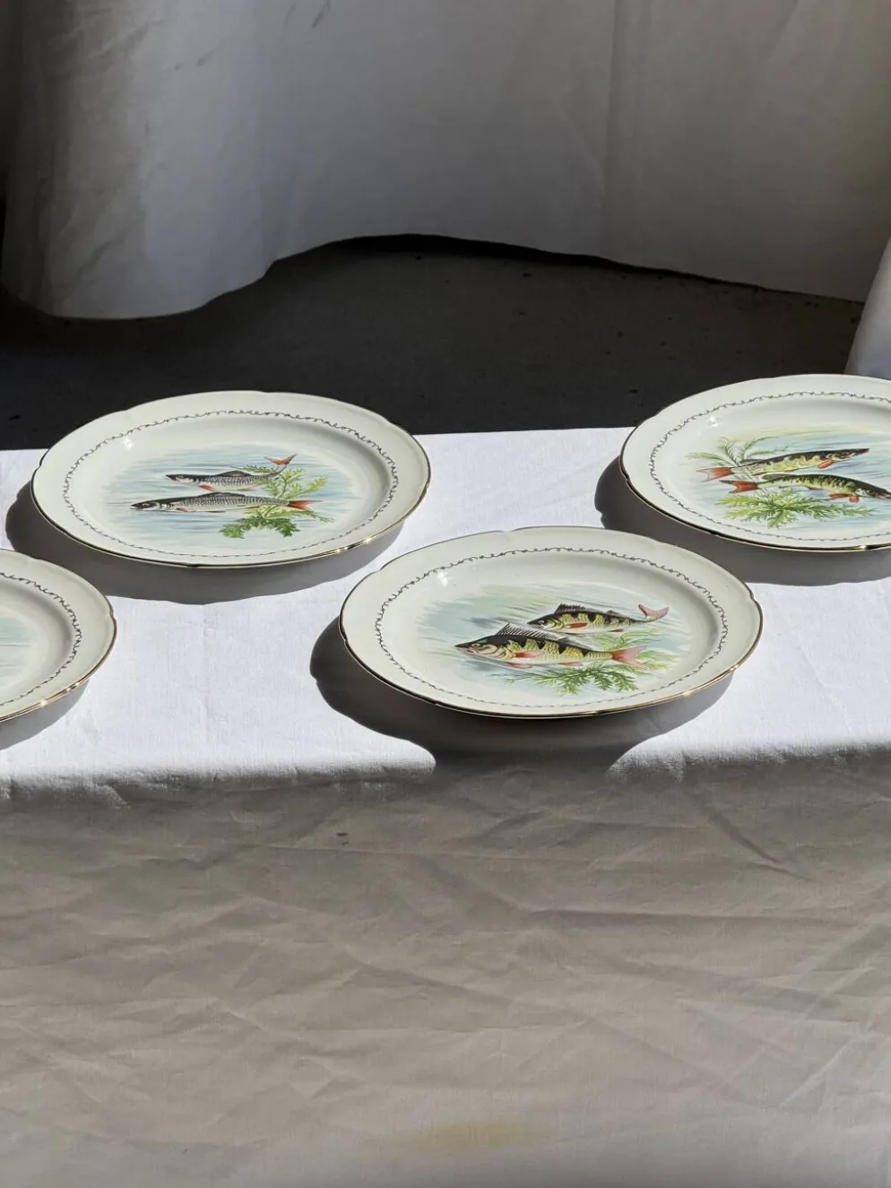 Lot de 6 assiettes vintage en porcelaine de Limoges à décor de poissons