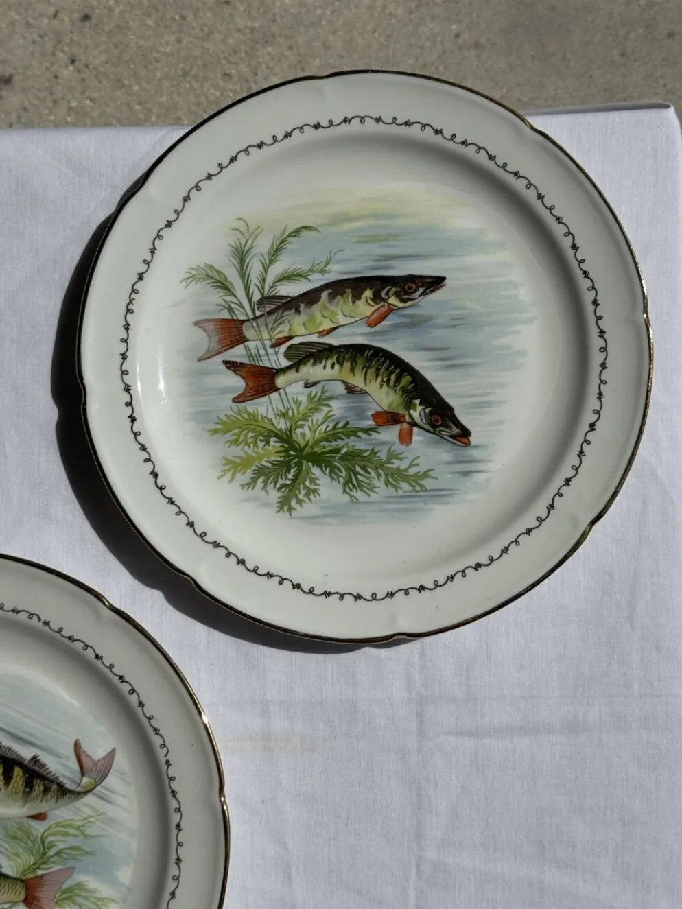Lot de 6 assiettes vintage en porcelaine de Limoges à décor de poissons