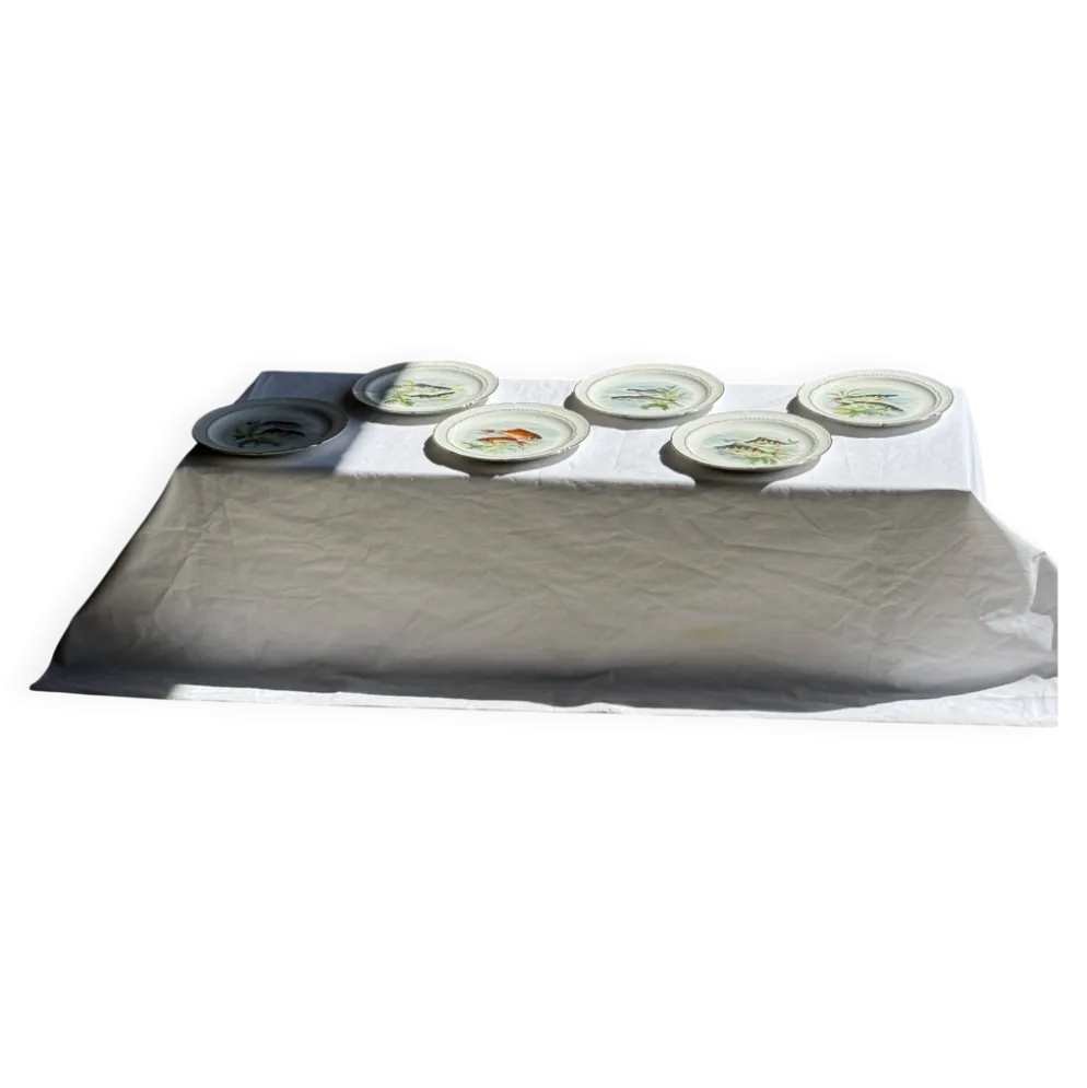 Lot de 6 assiettes vintage en porcelaine de Limoges à décor de poissons