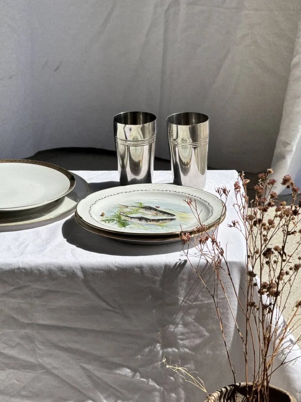 Lot de 6 assiettes vintage en porcelaine de Limoges à décor de poissons