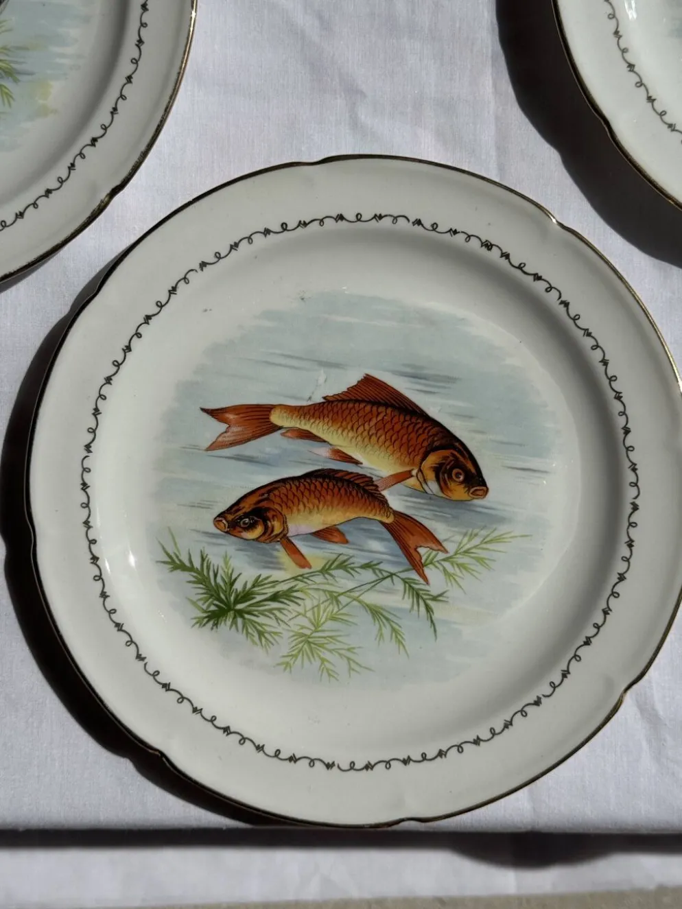 Lot de 6 assiettes vintage en porcelaine de Limoges à décor de poissons