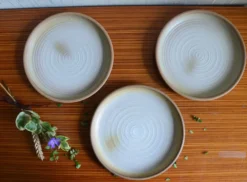 Lot de 3 assietts à dessert en grès à bord relevé