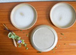 Lot de 3 assietts à dessert en grès à bord relevé
