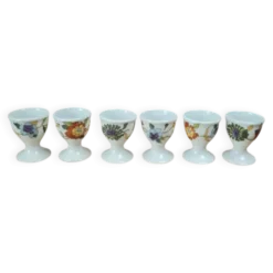 Lot de 6 coquetiers anciens en porcelaine de Paris + support bois