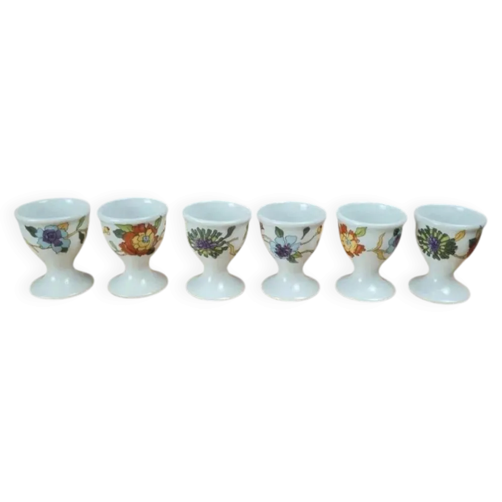 Lot de 6 coquetiers anciens en porcelaine de Paris + support bois