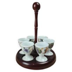 Lot de 6 coquetiers anciens en porcelaine de Paris + support bois