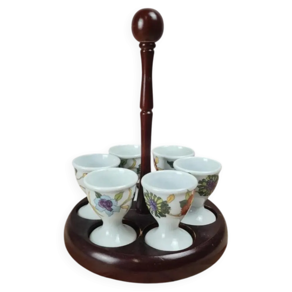 Lot de 6 coquetiers anciens en porcelaine de Paris + support bois