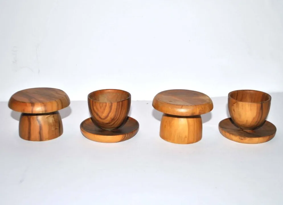 Lot de 4 coquetiers champignon vintage en bois d'olivier 4.5cm
