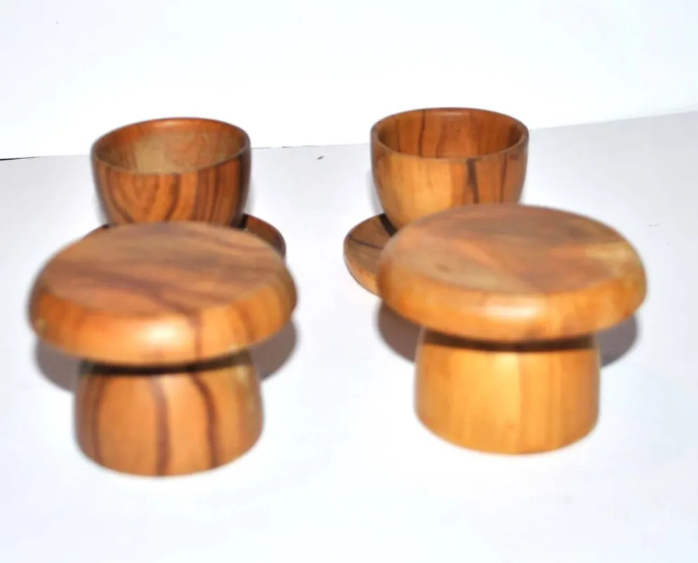Lot de 4 coquetiers champignon vintage en bois d'olivier 4.5cm
