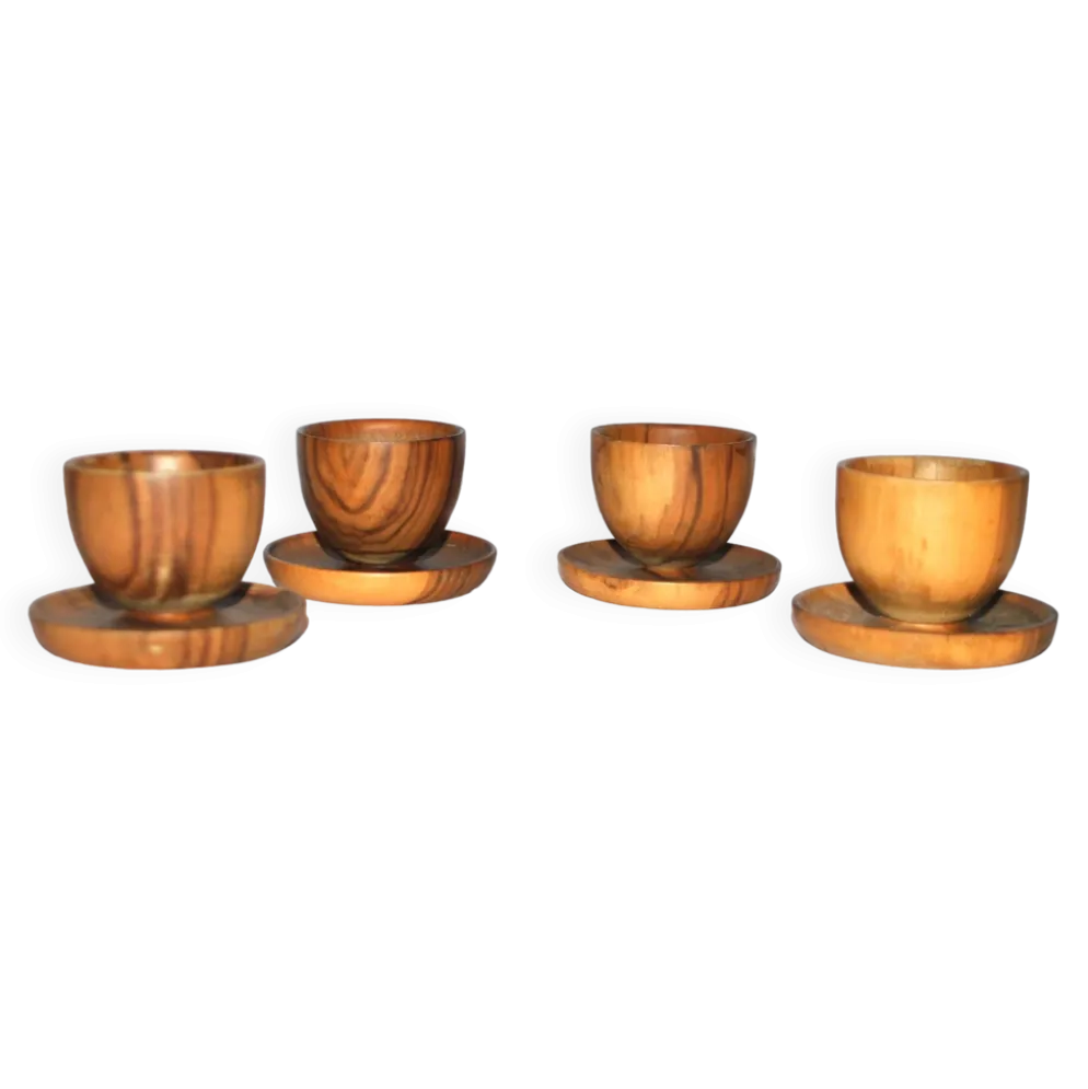 Lot de 4 coquetiers champignon vintage en bois d'olivier 4.5cm
