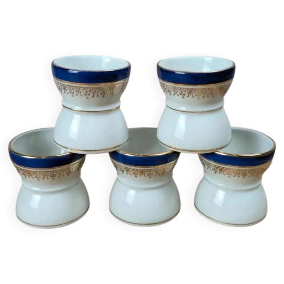 Lot de 5 coquetiers en porcelaine bleu et or – vintage élégant