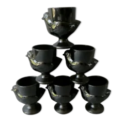 Lot de 6 coquetiers en verre opalin noir, France, années 70