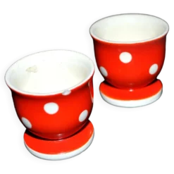 Lot de 2 coquetiers vintage en faïence rouge à pois blanc 5cm