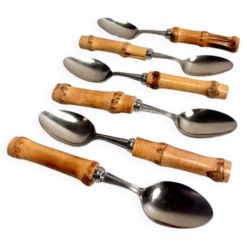 Lot de 6 cuillères à dessert vintage à manches bambou