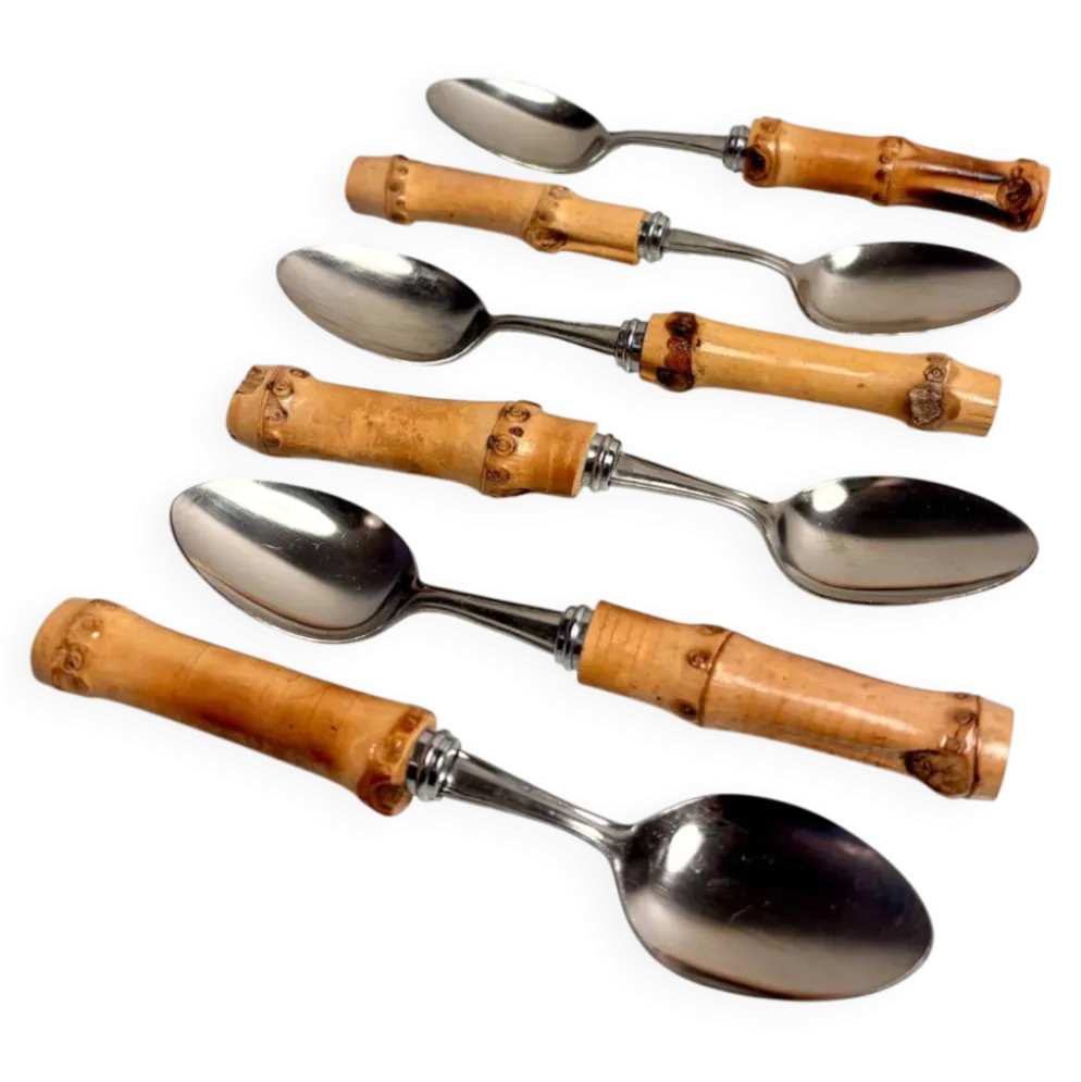 Lot de 6 cuillères à dessert vintage à manches bambou