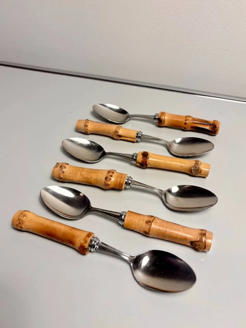 Lot de 6 cuillères à dessert vintage à manches bambou