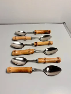 Lot de 6 cuillères à dessert vintage à manches bambou
