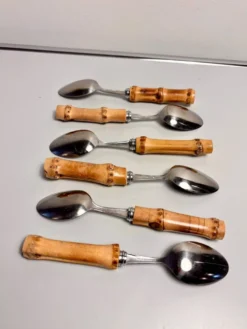 Lot de 6 cuillères à dessert vintage à manches bambou