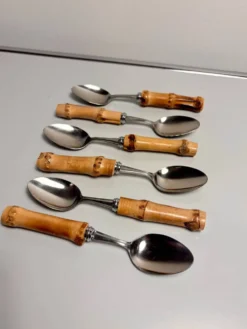 Lot de 6 cuillères à dessert vintage à manches bambou
