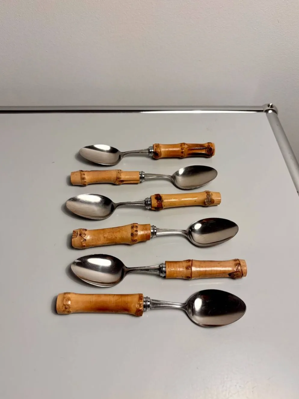 Lot de 6 cuillères à dessert vintage à manches bambou