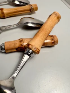Lot de 6 cuillères à dessert vintage à manches bambou