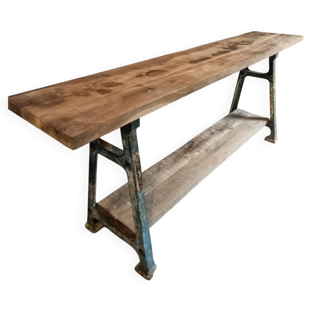 Îlot de cuisine industriel / table console avec base en fonte – France, milieu du XXe siècle