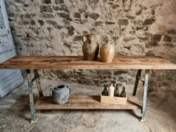 Îlot de cuisine industriel / table console avec base en fonte – France, milieu du XXe siècle