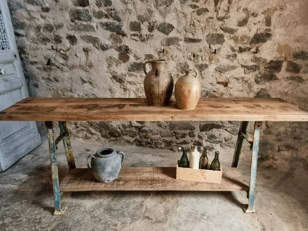 Îlot de cuisine industriel / table console avec base en fonte – France, milieu du XXe siècle